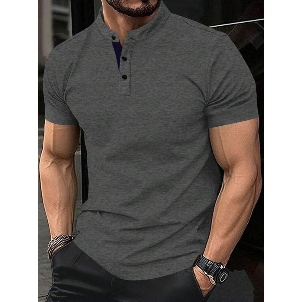 Manfinity Heather Gray Henley Shirt Short Sleeve Mandarin Collar Slim Fit